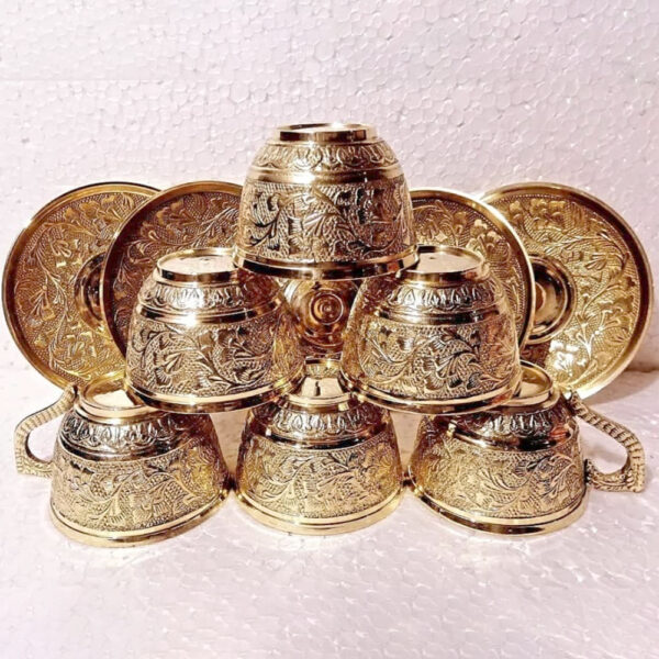 cup set 6 1 TamraPatra Pure Brass Handcrafted Embossed Design Cup & Saucer Set of 6