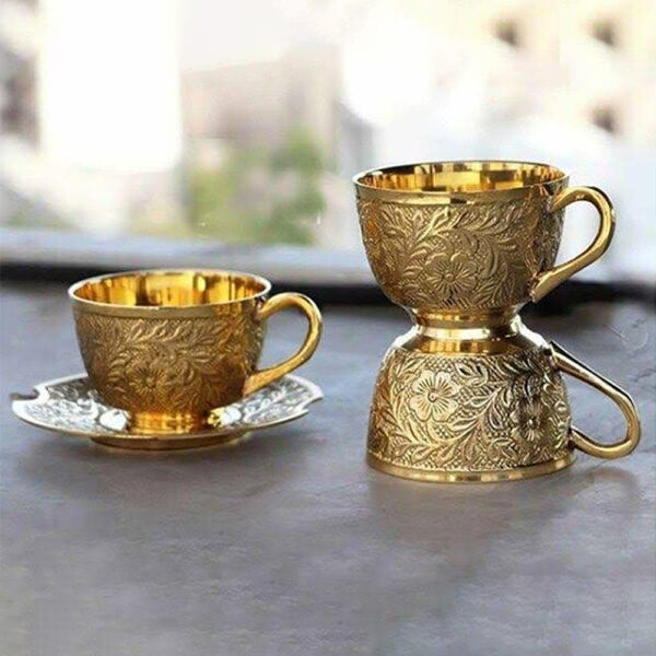 cup set 6 TamraPatra Pure Brass Handcrafted Embossed Design Cup & Saucer Set of 6