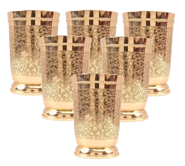 brass glass 6 Tamrapatra Pure Brass Embossed Tumblers