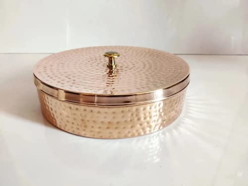 11 Tamrapatra Pure Hammered Copper Spice Box/tamba Masala Dabba, Heavy Material Used - 9 inch Diameter - 7 compartments, with Spice Spoon.