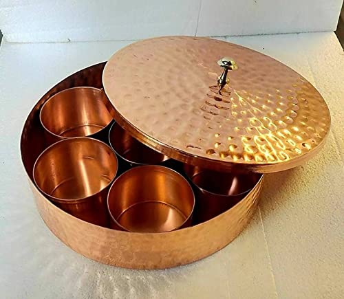 12 Tamrapatra Pure Hammered Copper Spice Box/tamba Masala Dabba, Heavy Material Used - 9 inch Diameter - 7 compartments, with Spice Spoon.