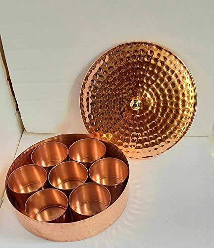 13 Tamrapatra Pure Hammered Copper Spice Box/tamba Masala Dabba, Heavy Material Used - 9 inch Diameter - 7 compartments, with Spice Spoon.