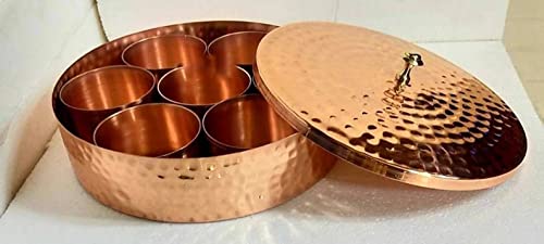 14 Tamrapatra Pure Hammered Copper Spice Box/tamba Masala Dabba, Heavy Material Used - 9 inch Diameter - 7 compartments, with Spice Spoon.