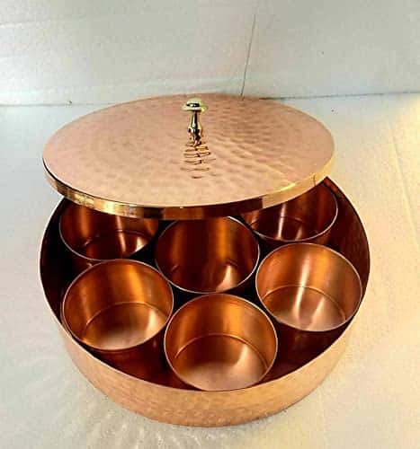15 Tamrapatra Pure Hammered Copper Spice Box/tamba Masala Dabba, Heavy Material Used - 9 inch Diameter - 7 compartments, with Spice Spoon.