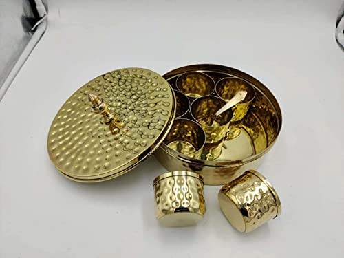21 TamraPatra Handcrafted Brass Spice/Masala Box Dabba Plain | Golden Colour Spice Container with Lid 7 Compartments and 1 Spoon 9 Inch (Hammered)