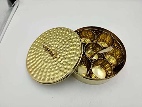 23 TamraPatra Handcrafted Brass Spice/Masala Box Dabba Plain | Golden Colour Spice Container with Lid 7 Compartments and 1 Spoon 9 Inch (Hammered)
