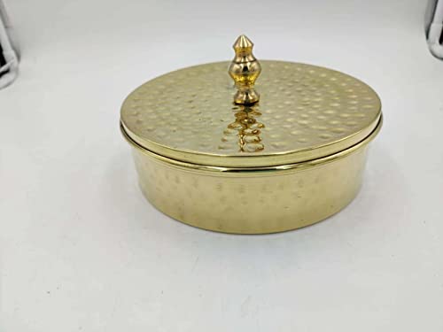 24 TamraPatra Handcrafted Brass Spice/Masala Box Dabba Plain | Golden Colour Spice Container with Lid 7 Compartments and 1 Spoon 9 Inch (Hammered)