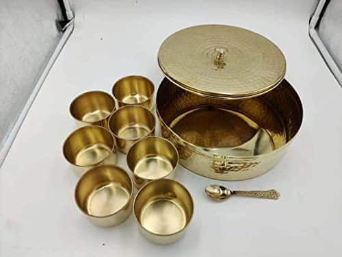 26 TamraPatra Handcrafted Brass Spice/Masala Box Dabba Plain | Golden Colour Spice Container with Lid 7 Compartments and 1 Spoon 9 Inch (Hammered)