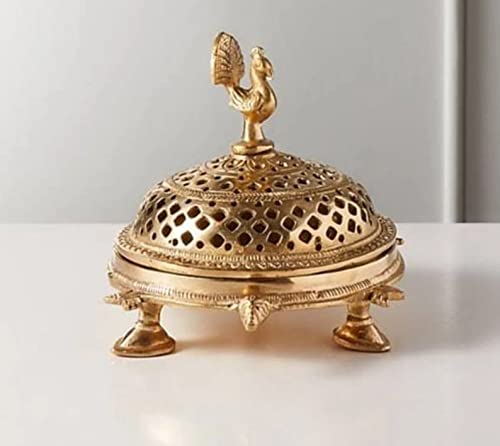 5 Tamrapatra Brass Peacock Incense Burner on a 3-Legged Tortoise Stand (Yellow)