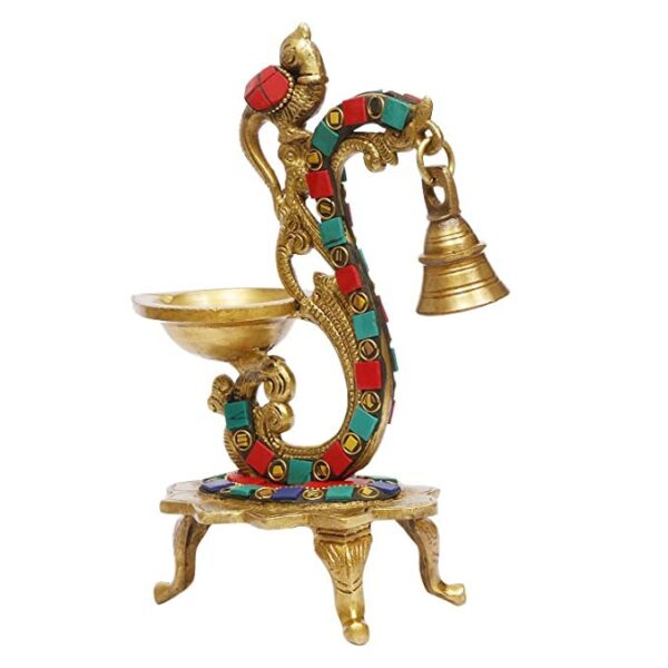 51GcWM8Go8L Tamrapatra Brass Multicolor Bird Peacock Traditional Hanging Bell Diya Oil Lamp Stand Diwali Puja Home Office Temple, 8 Inches