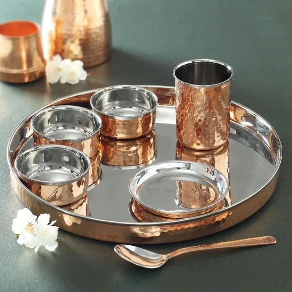 51NIagjfk L TamraPatra Stainless Steel Copper Dinner Thali Set, 48 Pieces, Service for 6