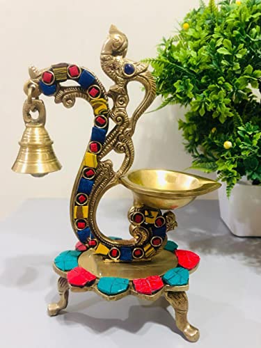 Tamrapatra Brass Multicolor Bird Peacock Traditional Hanging Bell Diya Oil Lamp Stand Diwali Puja Home Office Temple, 8 Inches